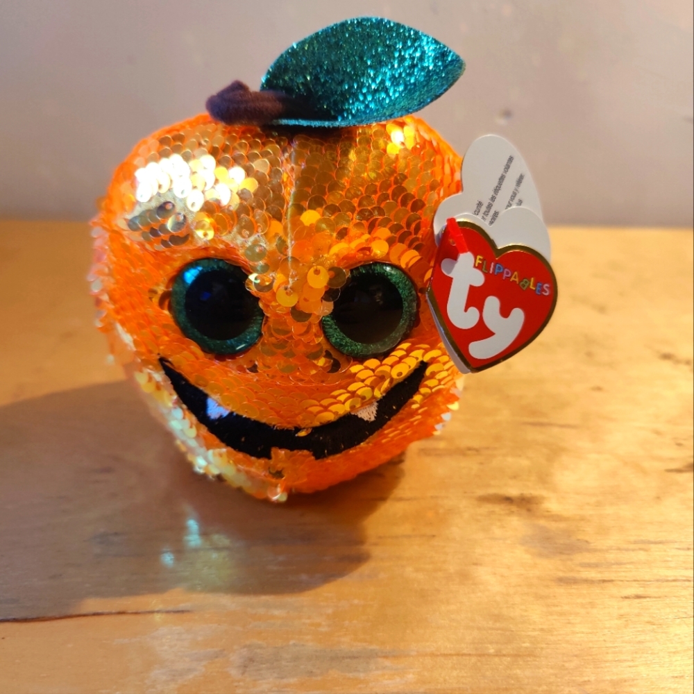 TY Flippables SEEDS Pumpkin 6" Sequin Plush Halloween Orange Black Green New